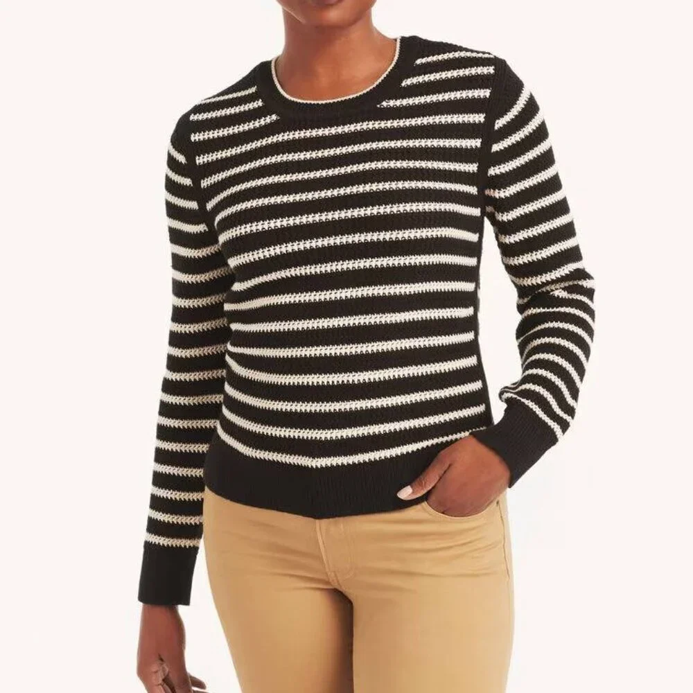 Nautica Navy Blue and White Braided Striped Crewneck Sweater size Large